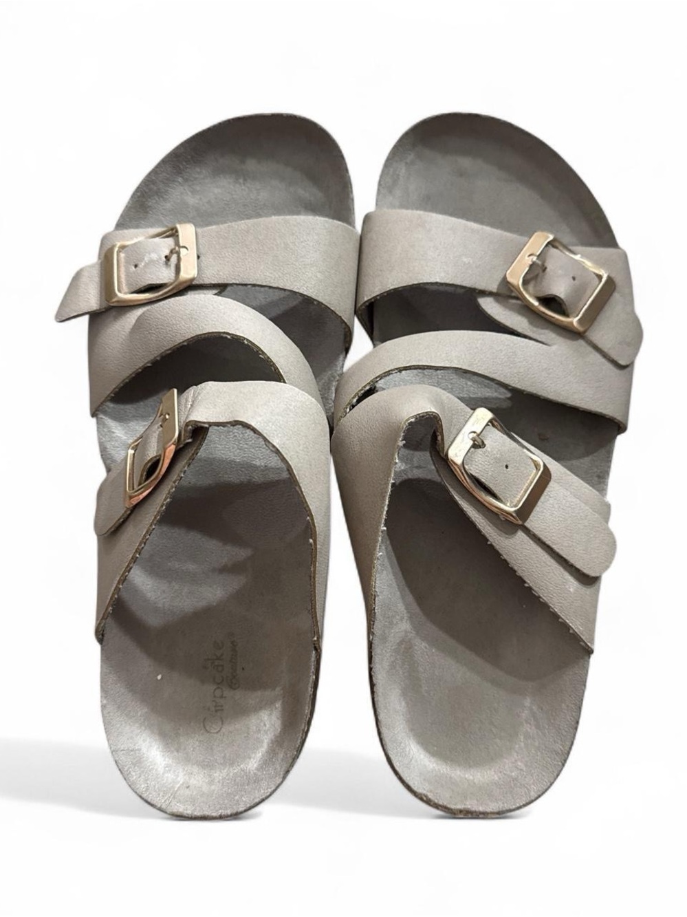 Girl’s Gray Cupcake Couture Double-Buckle Slide Sandals with Gold Accents buckle